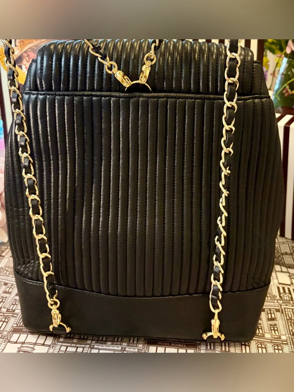 NWOT HENRI BENDEL Black Leather Quilted Chain Backpack with Gold-Tone Hardware